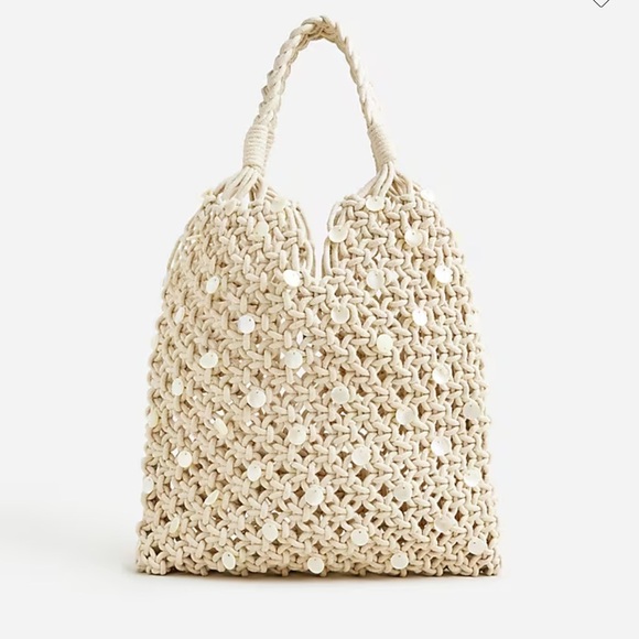 J. Crew Handbags - NWT J. Crew Cadiz Hand Knotted Crochet Rope Tote with Paillettes off white/cream